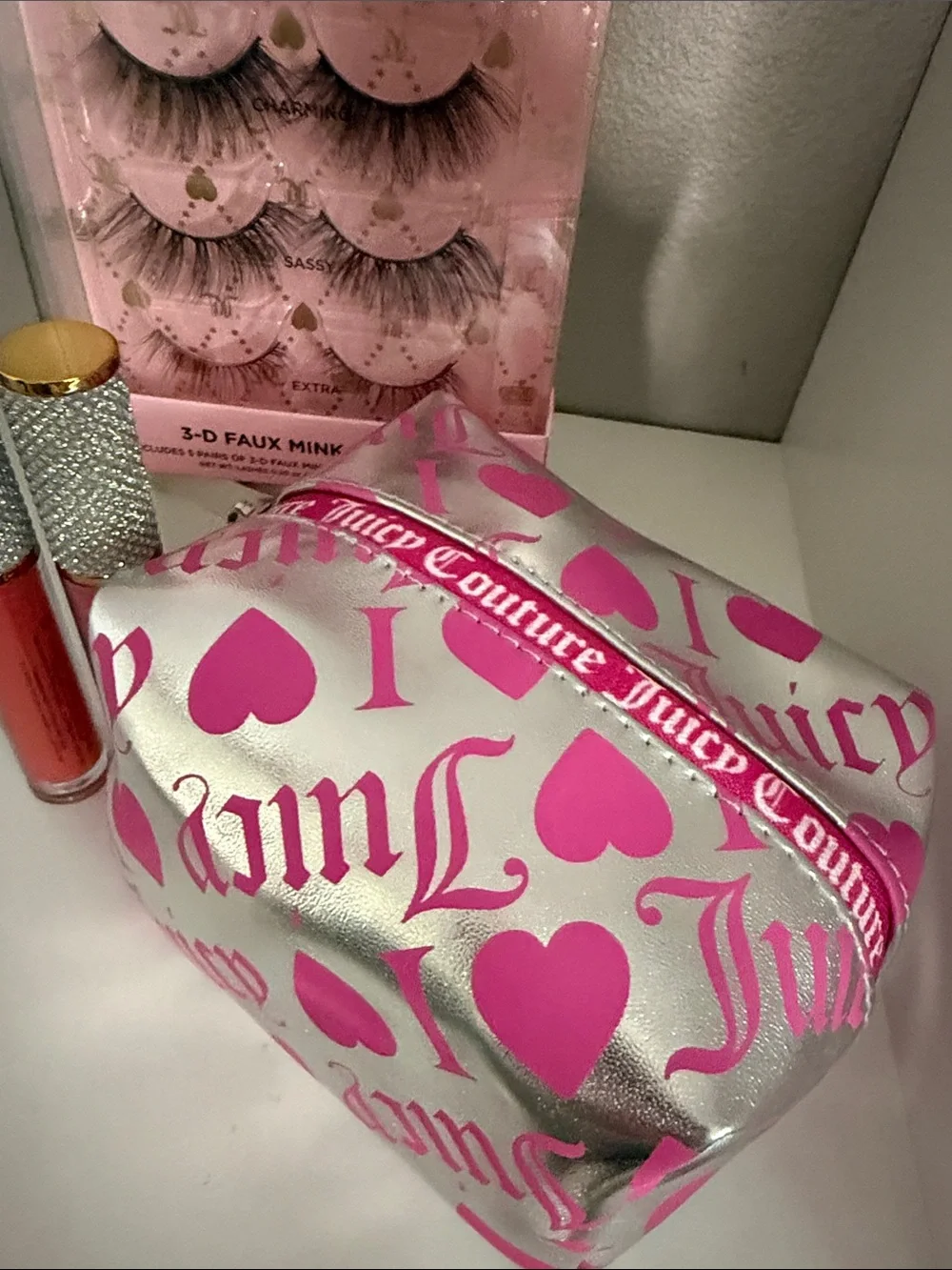 S Juicy Couture Silver Pink Cosmetic Pouch, Lip Glosses & Juicy Lashes